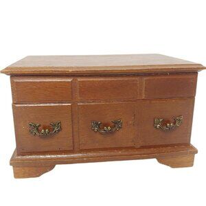 Vintage Wooden Jewelry Music Box Mirror 2 Level Corduroy Lined Raindrops Song